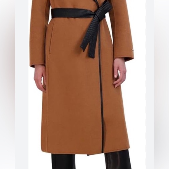 Tahari Juliette Wool Blend Brown Belted Coat with Faux Leather Trim Size Medium - Picture 7 of 15